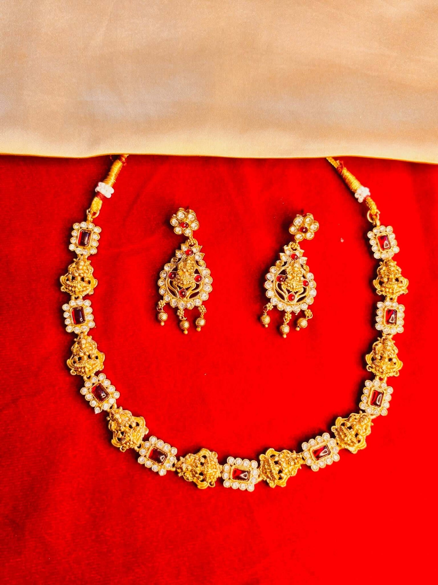 Classic ruby square stone necklace set with matching traditional earrings