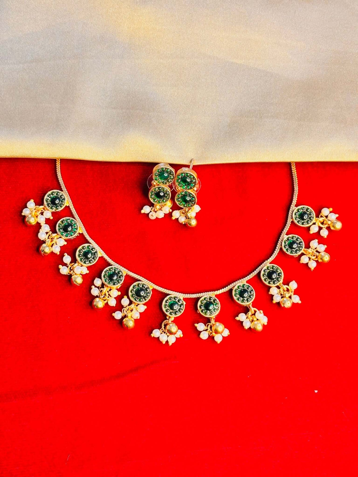 Green coin choker necklace with pearl dangling beads and antique gold plating