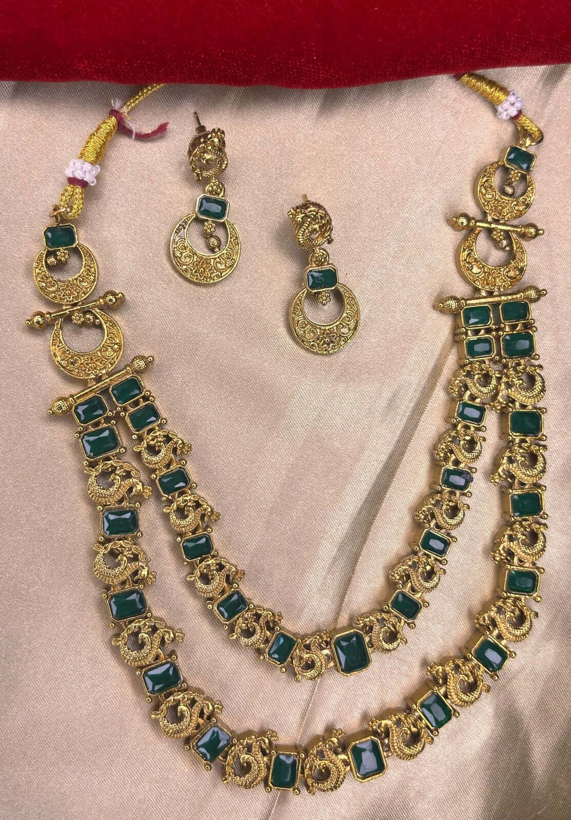 Heritage Nagas Double Layer Necklace Set with antique gold plating and intricate temple design