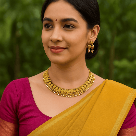 South Asian woman in mustard saree wearing antique Lakshmi coin choker necklace and matching triple-coin earrings with pearl drops, posing in an outdoor garden setting