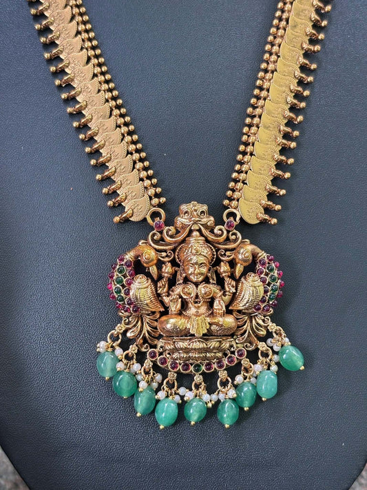 Lakshmi Heritage Peacock Antique Temple Necklace Set with intricate goddess and peacock motifs