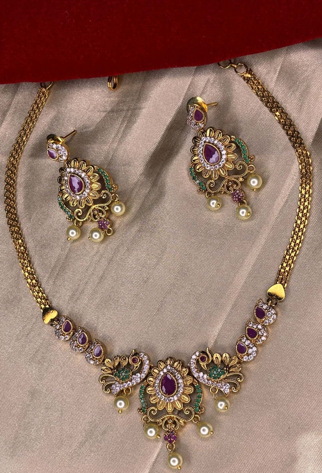 Royal Peacock CZ Necklace Set with colorful cubic zirconia stones and elegant peacock motif design