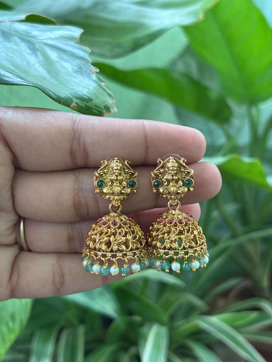 Traditional Indian temple necklace set with antique gold finish, CZ stones, and matching earrings