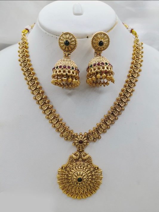 Antique Temple Gold-Plated Necklace Set with Jhumkas