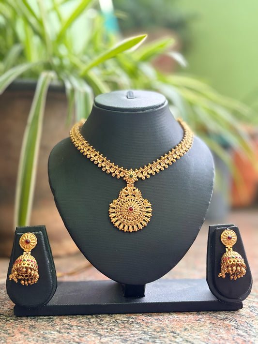 Traditional Temple Necklace with Lakshmi Pendant | Antique Gold Choker for Women