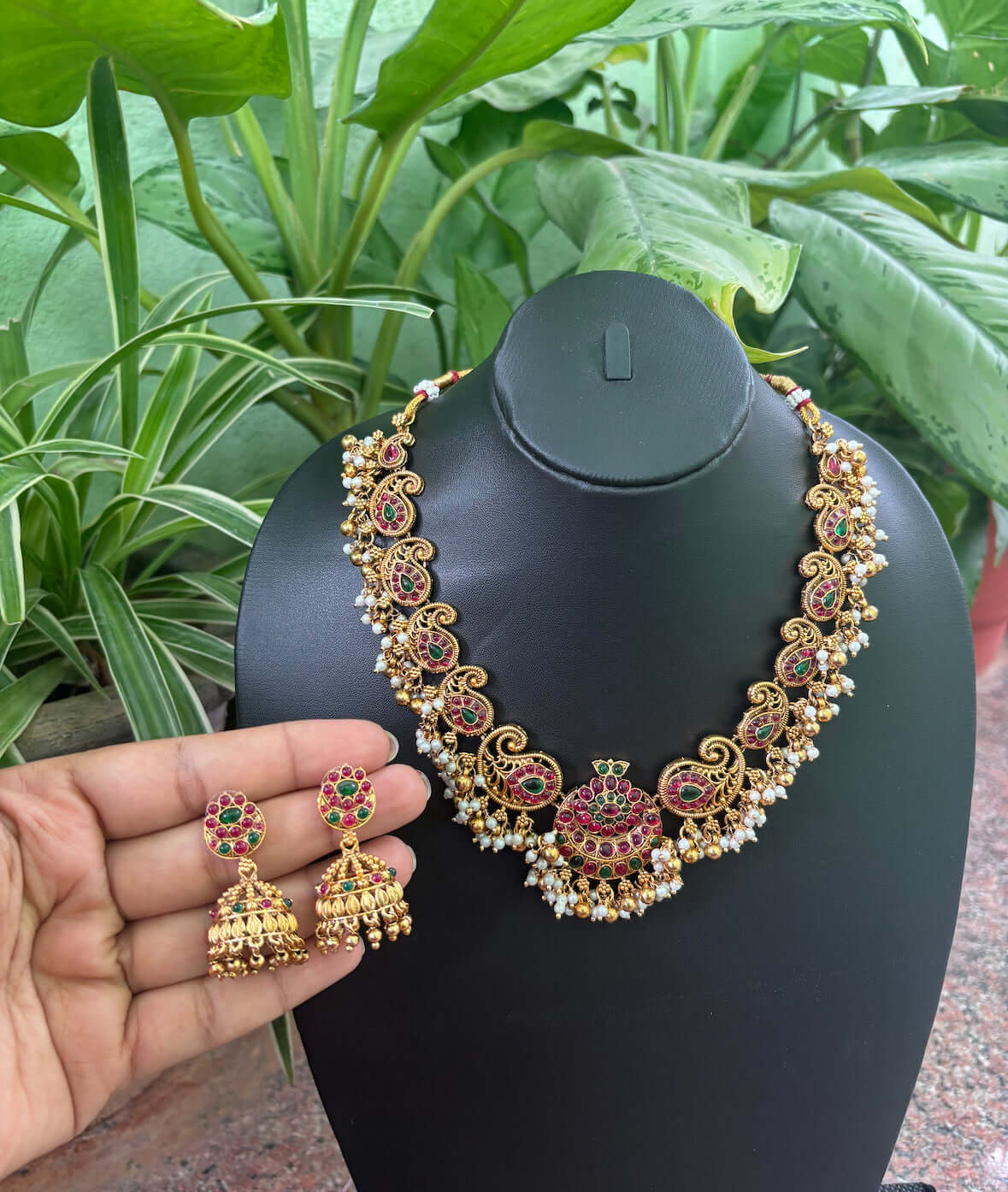 Antique Gold-Plated Kemp Temple Necklace and Earrings Set